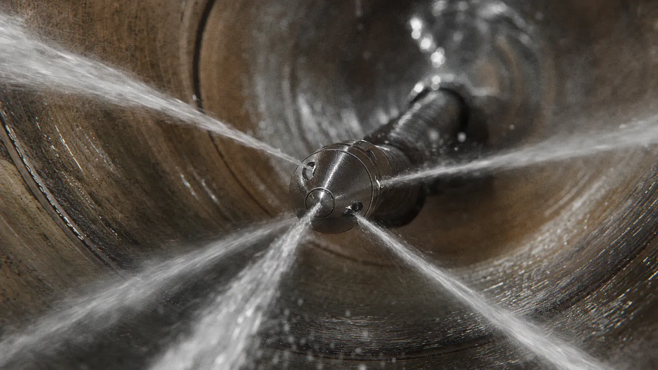 Jetting nozzle scouring the full pipe wall with high-pressure water